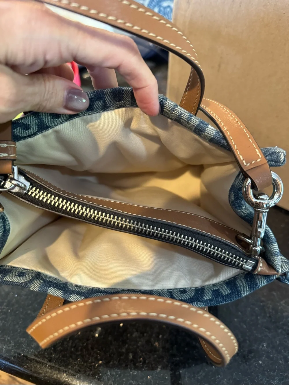 Marc Jacobs Blue Denim Logo Crossbody with Tan Leather Trim